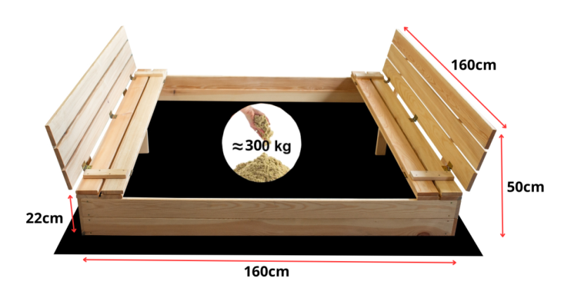 Sandkasten mit Bänken 160cm + Abdeckplane + Agrotextil SUN