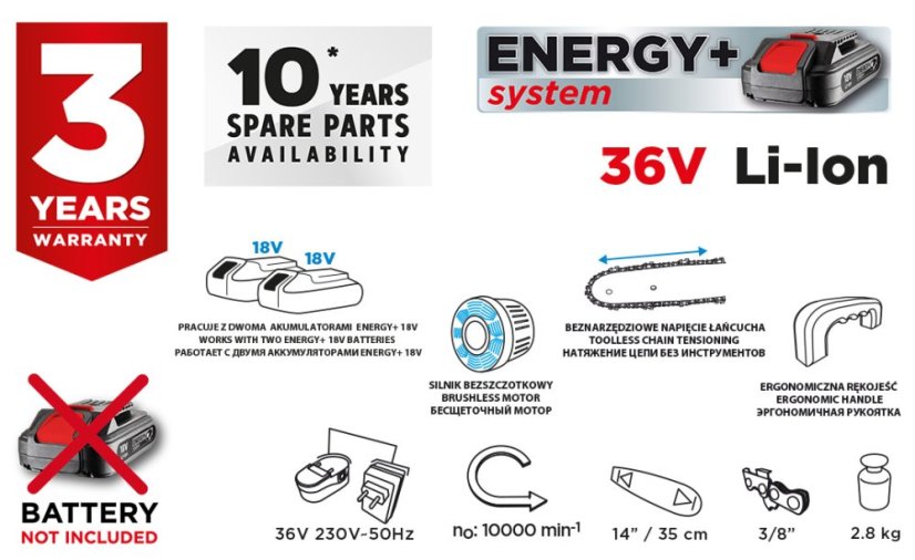 Akku-Kettensäge Energy+ 36V, Li-Ion, 14" Schiene (350 mm), ohne Akku 58G043
