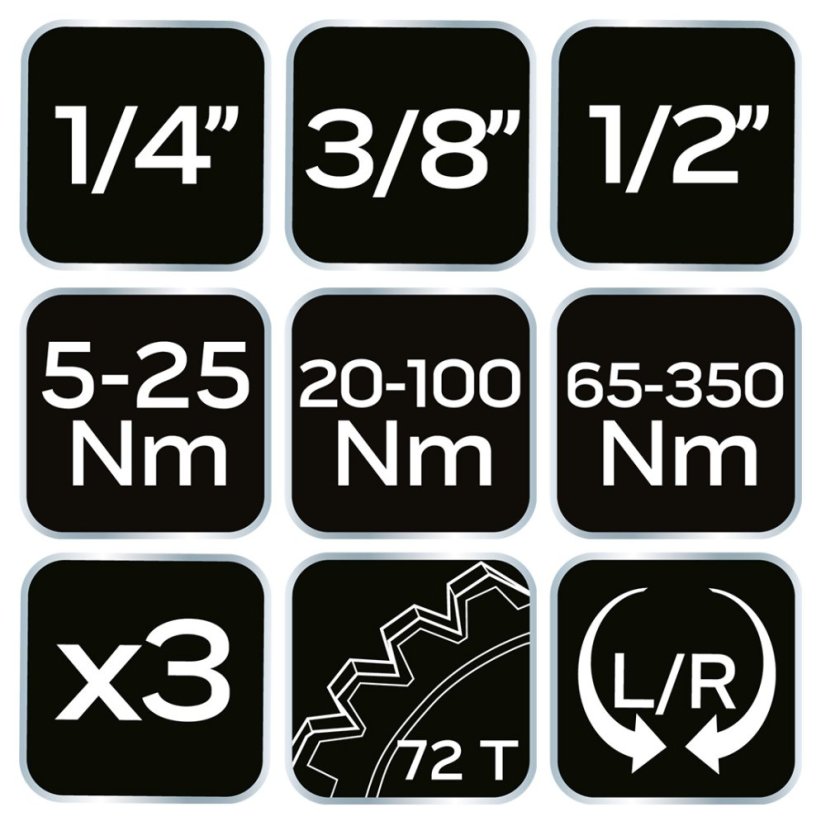 Set de chei dinamometrice cu două fețe 1/4", 3/8", 1/2" 3 buc. 08-845