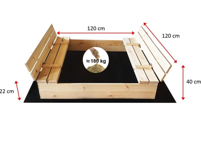 Sandkasten mit Bänken 120cm imprägniert + Abdeckfolie + Agrotextil SUN