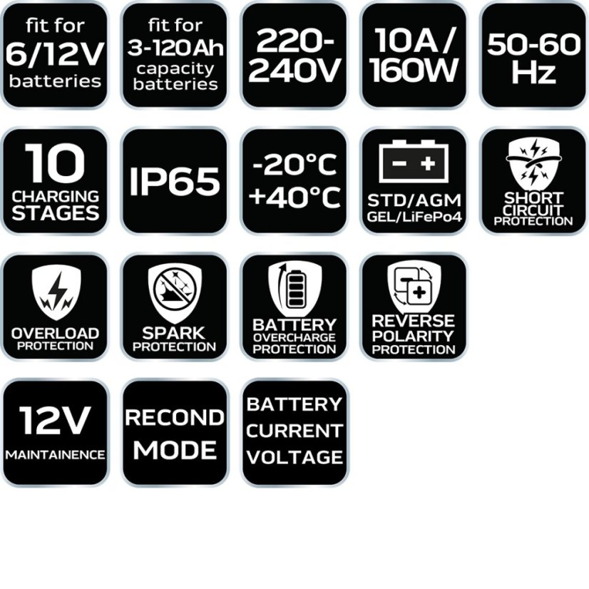 Automatikus egyenirányító 10A/160W, 3-200Ah, savas / AGM / GEL akkumulátorokhoz 11-893-1
