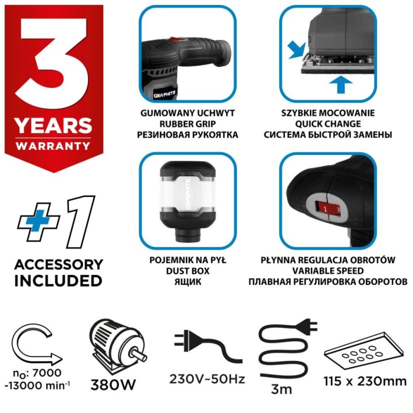 Orbitális csiszológép 380W, lapát 115x230 mm 59G329