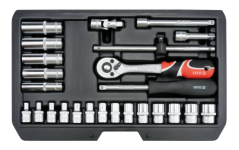Trusă chei tubulare cu clichet 1/4", 25 piese, oțel crom-vanadiu CrV – Yato YT-14461