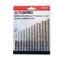 Титанови свредла, двойно шлифовани HSS 1,5 - 6,5 mm 13 бр. BIT HEX 1/4'' TA1115