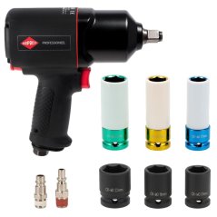 Pneumatikus ütvecsavarozó 1/2" + 3 ütvecsavarozó dugókulcs + 3 hosszabbító alumínium kerekekhez - készlet vulkanizálóhoz 45537