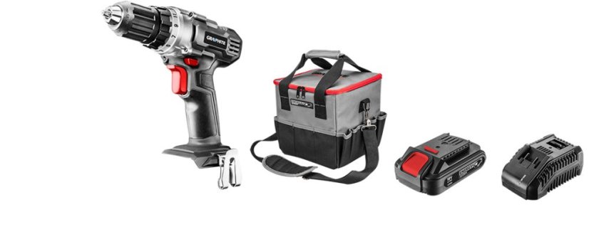 Akku-Elektrowerkzeug-Set: Bohrschrauber, Taschenlampe, Tasche, Akku Energy+ 18 V, Li-Ion 2,0 Ah, Ladegerät 58G016