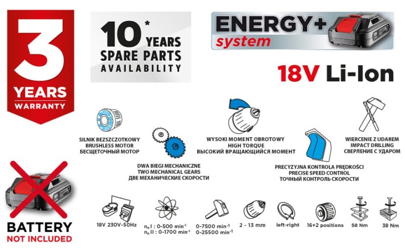 Akkus ütvecsavarozó Energy+ 18V, Li-Ion, 13 mm, kefe nélküli, akkumulátor nélkül 58G020