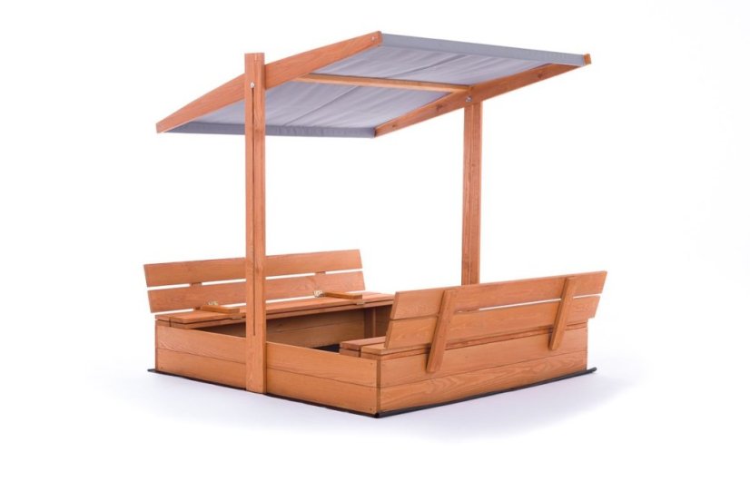 Sandkasten 120cm mit Bänken und Dach imprägniert + Abdeckung + Agrotextil Grau