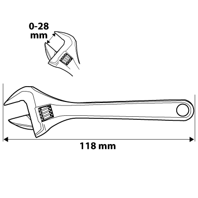 Állítható csavarkulcs, 0-28 mm tartomány, 118 mm hosszú 03-019
