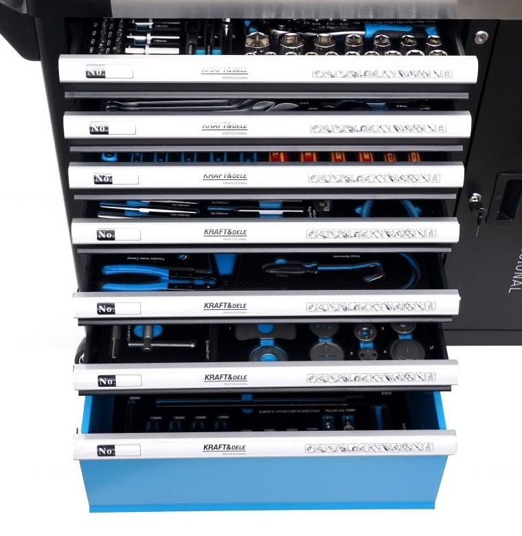 Cărucior pentru scule de atelier 309 buc - 7 sertare + dulap KD1069