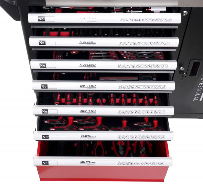 Werkzeugwagen für Werkstätten 299 Stück - 7 Schubladen + Schrank KD1068