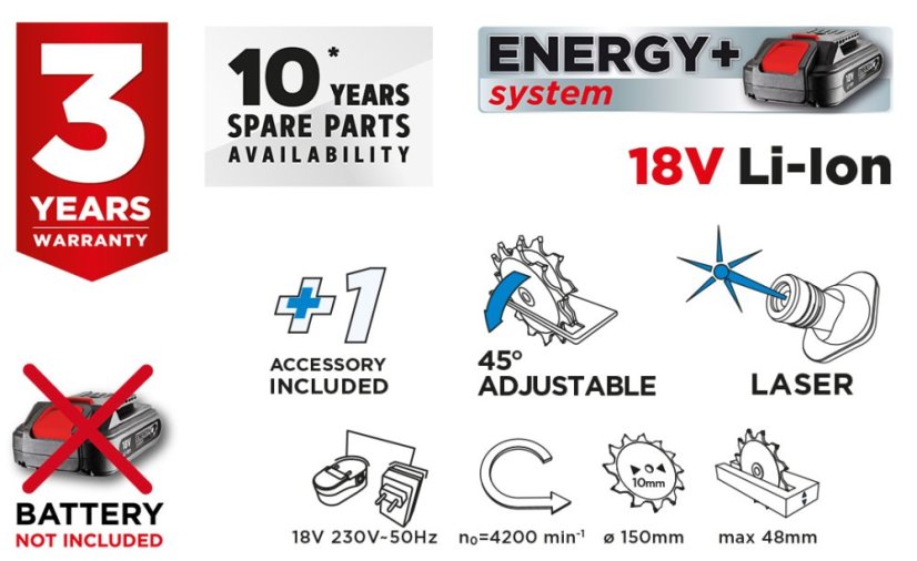 Akku-Kreissäge Energy+ 18 V, Li-Ion, Blatt 150 x 10 mm, ohne Batterie 58G008