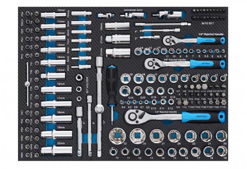 Cărucior pentru scule de atelier 309 buc - 7 sertare + dulap KD1069