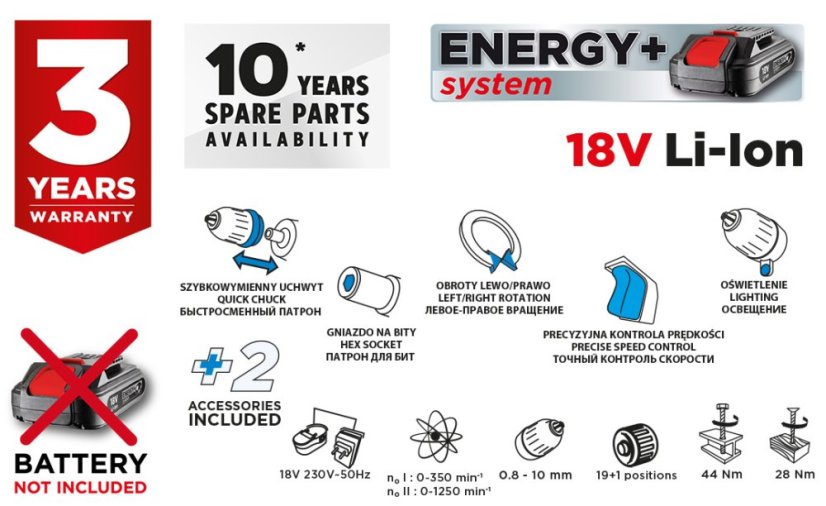 Aku bušilica-odvijač Energy+ 18 V, 10 mm odvojiva ručka, plus adapter za kutove i rubove 58G022-AD