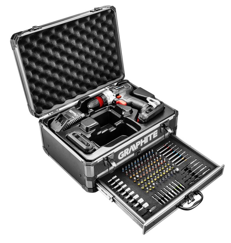 Energy+ Set im Aluminiumkoffer: Bohrschrauber 2 x 18 V/2,0 Ah, 10 mm + 109 Zubehörteile 58G022-PS15