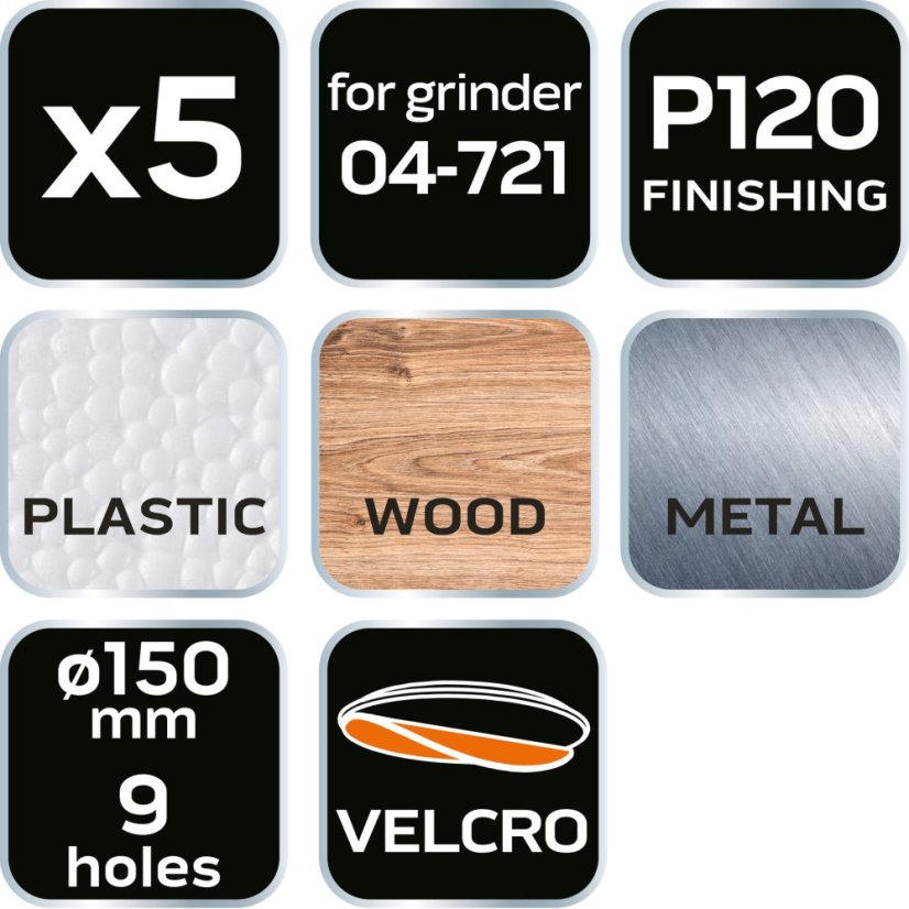 Brusni diskovi 150 mm, P120, 5 kom, sa 9 rupa za 04-721 08-994