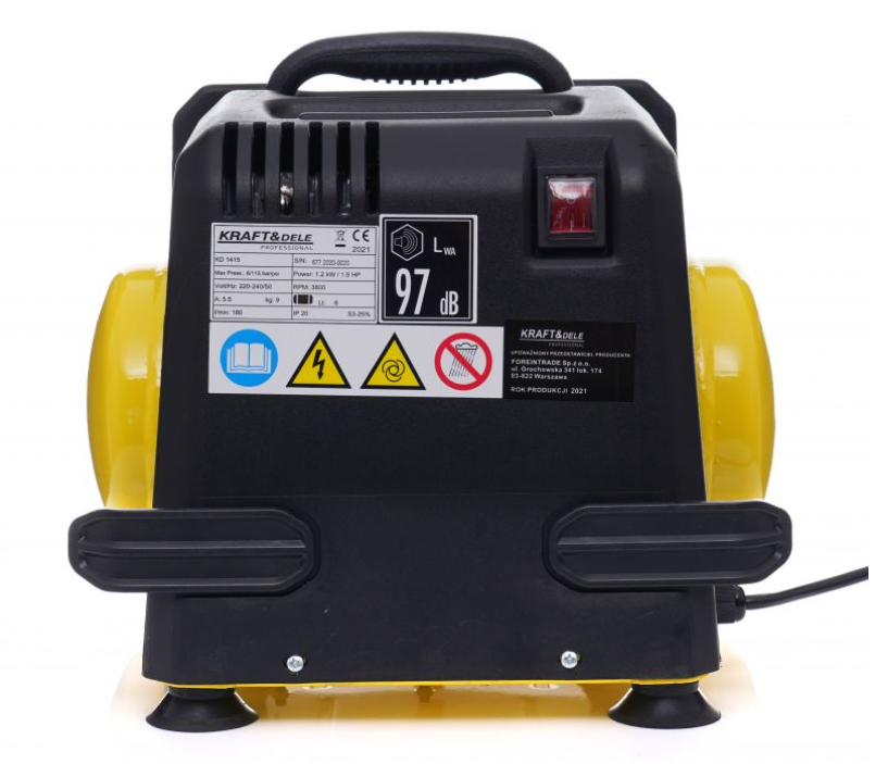 Kraft&Dele KD1415 hordozható olajmentes légkompresszor autószerelő műhelybe, 6L, 8 bar, 1.1 kW, 230V.