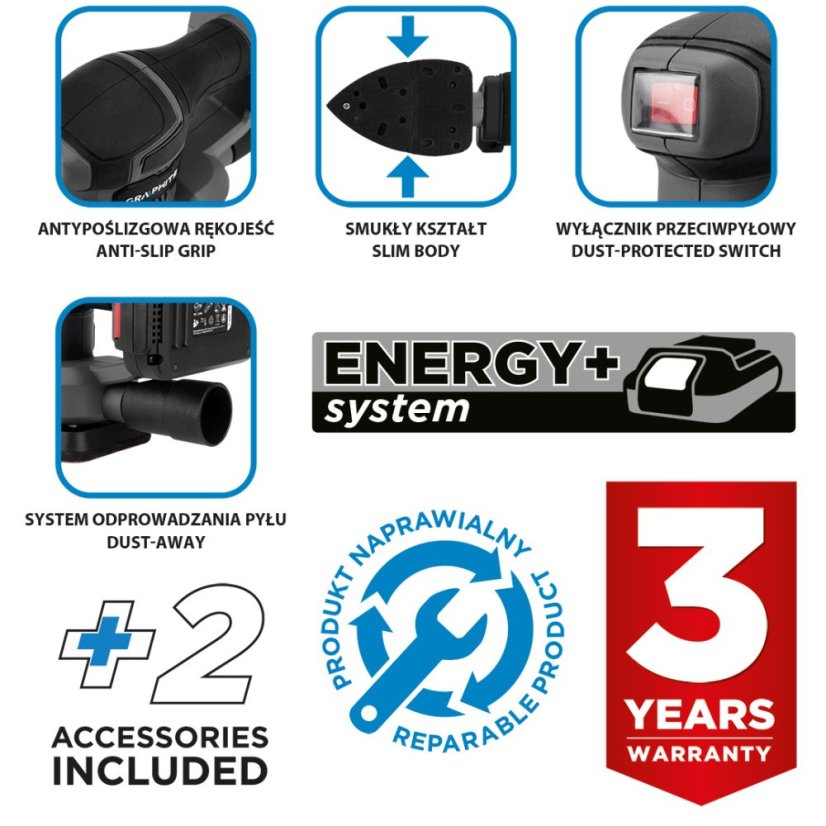 Orbitális csiszológép DELTA Energy+ 18 V, akkumulátor nélkül 58GE141