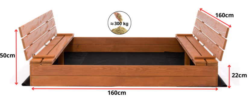 Sandkasten mit Bänken 160cm imprägniert + Abdeckfolie + Agrotextil SUN