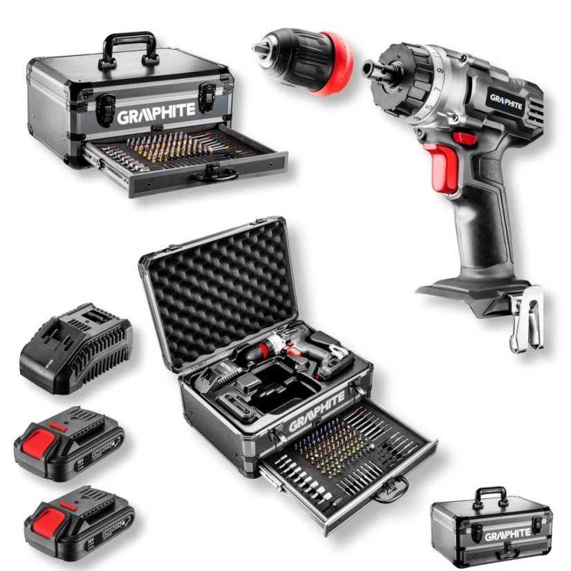 Energy+ Set im Aluminiumkoffer: Bohrschrauber 2 x 18 V/2,0 Ah, 10 mm + 109 Zubehörteile 58G022-PS15