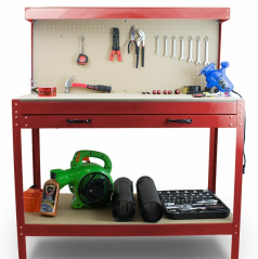 Banc de lucru pentru atelier 115x55x140 cm, cu spații de depozitare și panou cu cârlige, roșu, HD17726