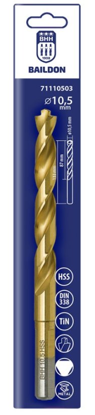 Baildon DIN 338 RN 10,5 mm, HSS TiN (S), 133-87 mm (3-hornyos szár) 71110503