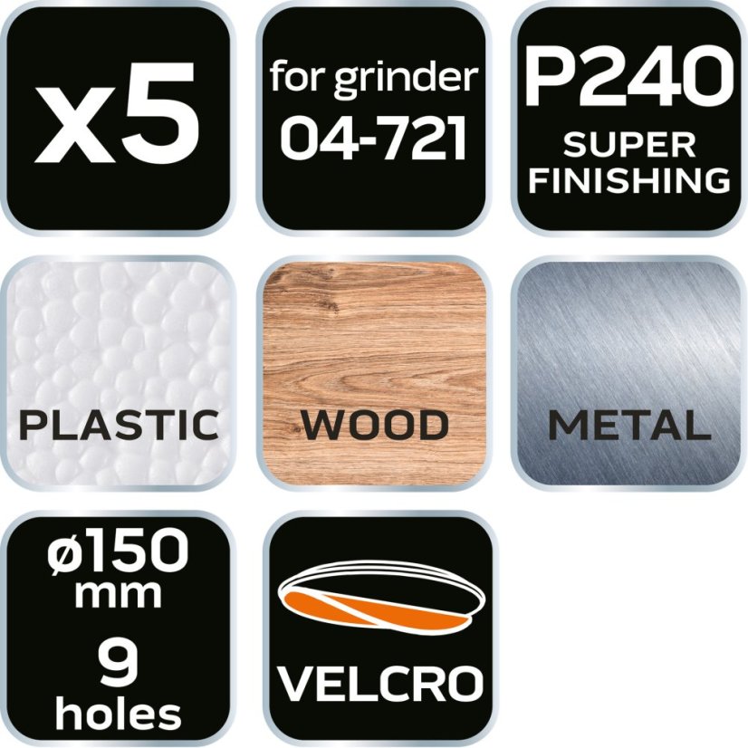 Brusni diskovi 150 mm, P240, 5 kom., sa 9 rupa za 04-721 08-996