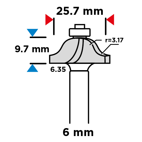 Freză pentru rulmenți, decorativă, HM, 25,7 x 9,7 mm, tijă de 6 mm 56H237
