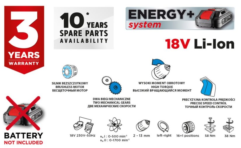 Akkumulátoros kefe nélküli fúrócsavarhúzó Energy+ 18V, Li-Ion, 13 mm, akkumulátor nélkül 58G019