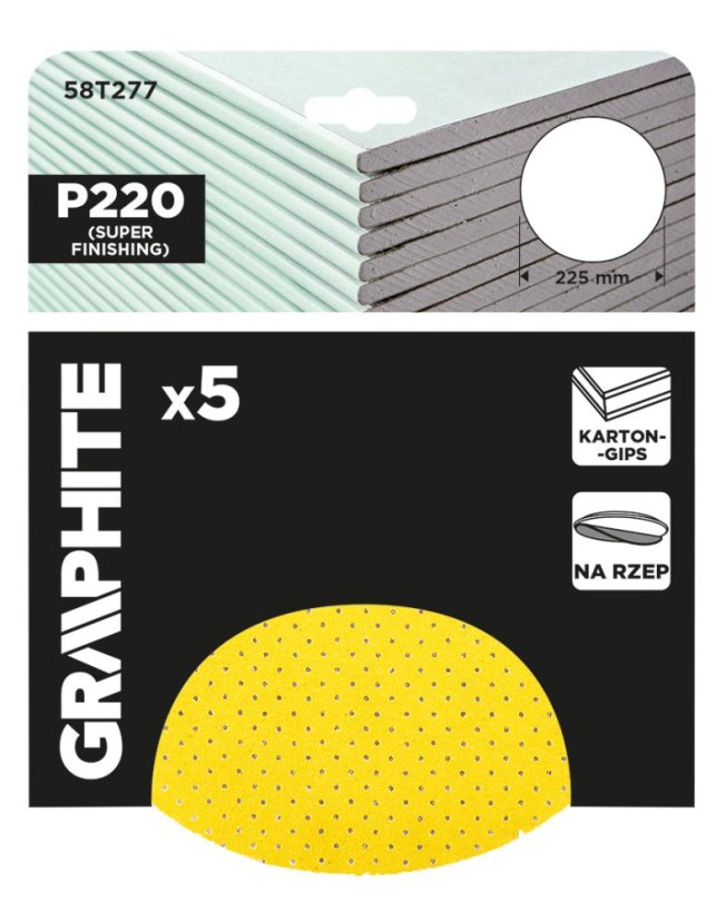 Csiszolókorongok, perforált, tépőzáras lyukakkal 225 mm, P220, 5 db 58T277
