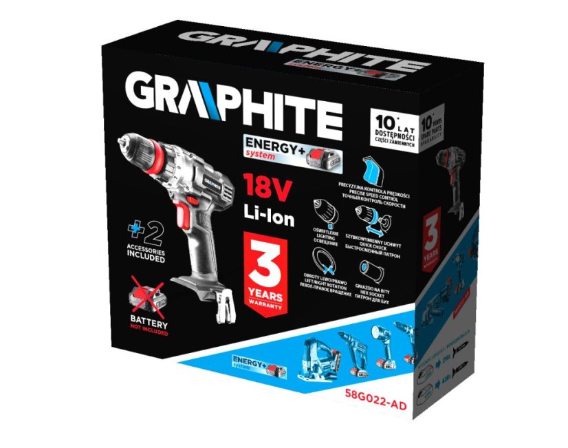 Akku-Bohrschrauber Energy+ 18 V, 10 mm abnehmbarer Griff, plus Adapter für Winkel und Kanten 58G022-AD