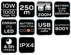 USB wiederaufladbare Taschenlampe 1000 lm OSRAM P9 LED 99-035