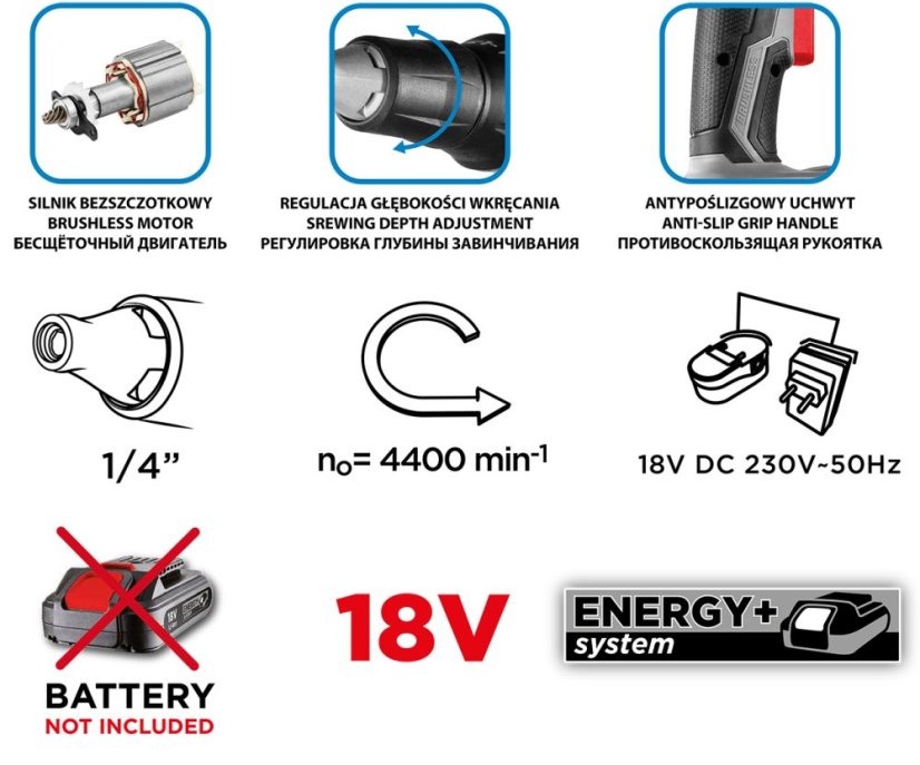 Șurubelniță pentru gips-carton Energy+ 18 V Li-Ion, fără baterie 58GE111.