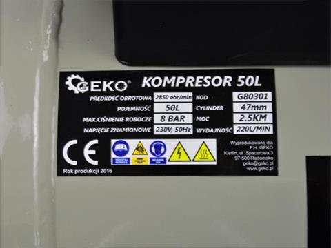 Compresor aer cu ulei 50L, 8 bar, 2.5 kW, 210 l/min, 230V, monocilindric, portabil, pentru atelier/auto, Geko G80301