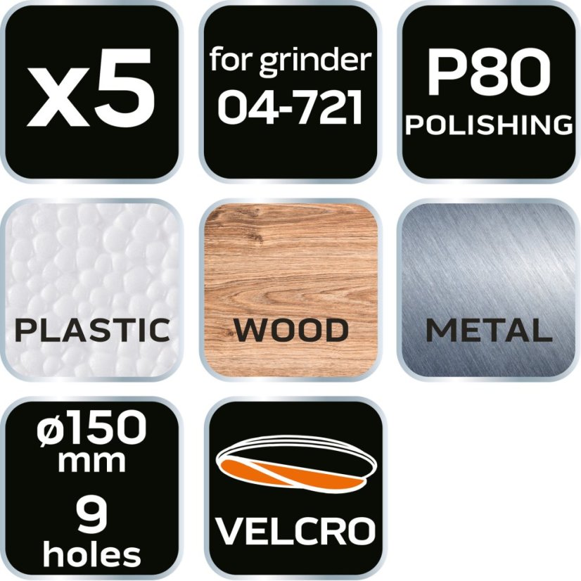 Csiszolókorongok 150 mm, P80, 5 db, 9 lyukkal a 04-721 08-992-hez