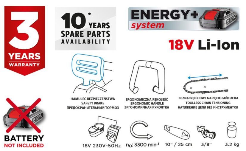 Akkus láncfűrész Energy+ 18V Li-Ion, 10" (250 mm), akkumulátor nélkül 58G034