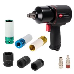Pneumatikus ütvecsavarozó 1/2" + 3 ütvecsavarozó dugókulcs + 3 hosszabbító alumínium kerekekhez - készlet vulkanizálóhoz 45537