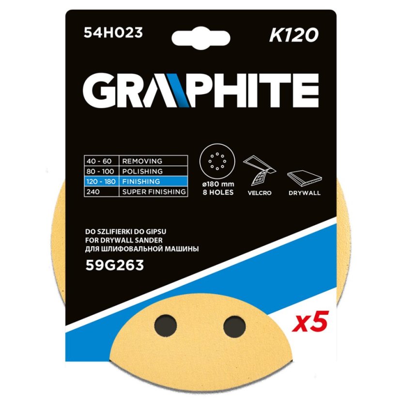 Brusni papir s čičkom 180 mm, K120, 5 kom, s 8 rupa za brusilicu 59G263 54H023