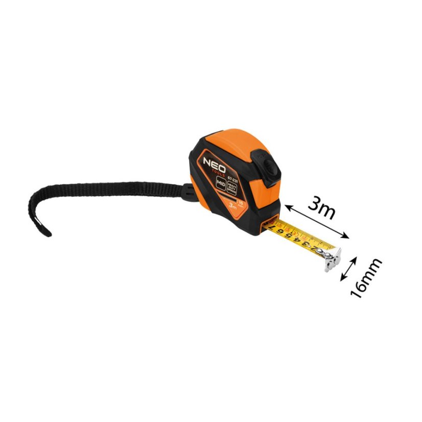 Čelična mjerač trake 3 m x 16 mm, automatsko zaključavanje, gumb za zaustavljanje, magnet 67-231