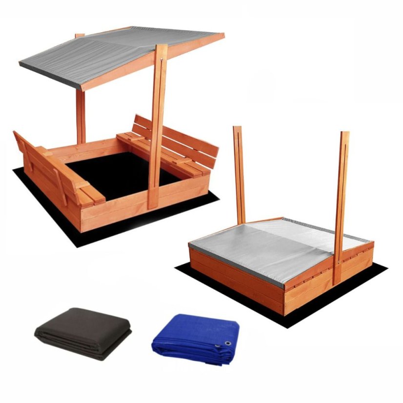 Sandkasten 120cm mit Bänken und Dach imprägniert + Abdeckung + Agrotextil Grau