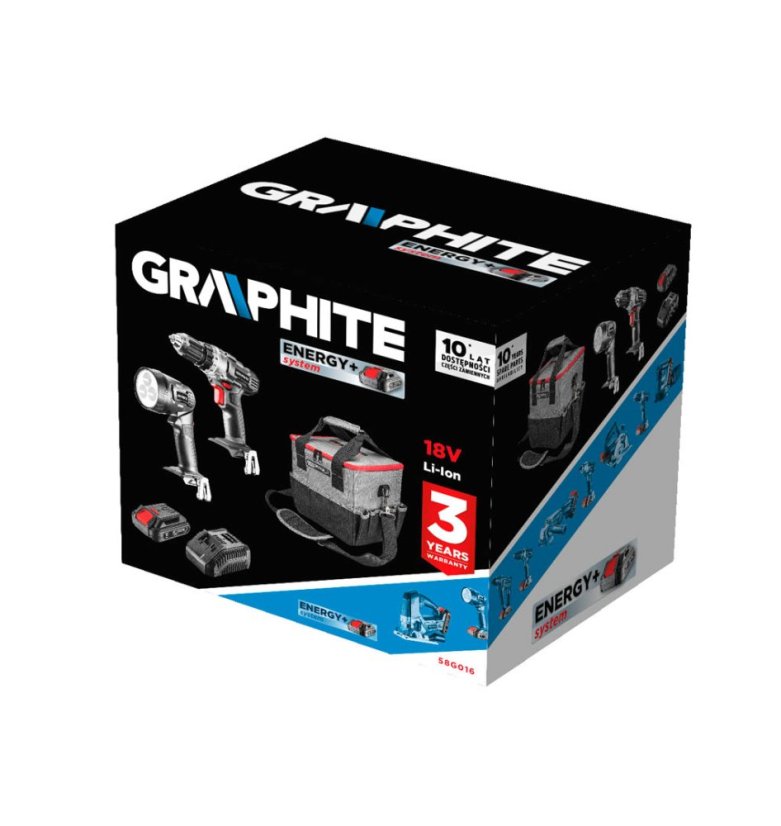 Akku-Elektrowerkzeug-Set: Bohrschrauber, Taschenlampe, Tasche, Akku Energy+ 18 V, Li-Ion 2,0 Ah, Ladegerät 58G016