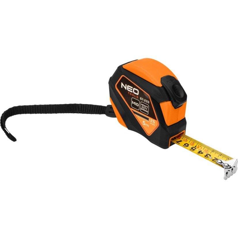 Čelična mjerač trake 5 m x 25 mm, automatsko zaključavanje, gumb za zaustavljanje, magnet 67-233