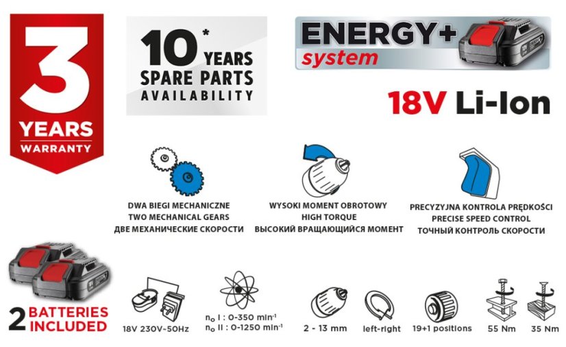 Aku bušilica/alat ​​Energy+ 18V, Li-Ion, stezna glava 13 mm, 2 baterije 2Ah, punjač, ​​kofer 58G006-SET2