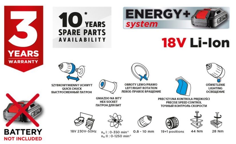 Energy+ 18V Akku-Bohrschrauber, Li-Ion, 10 mm abnehmbarer Griff, ohne Akku 58G022