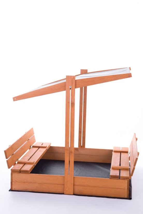 Sandkasten 120cm mit Bänken und Dach imprägniert + Abdeckung + Agrotextil Grau