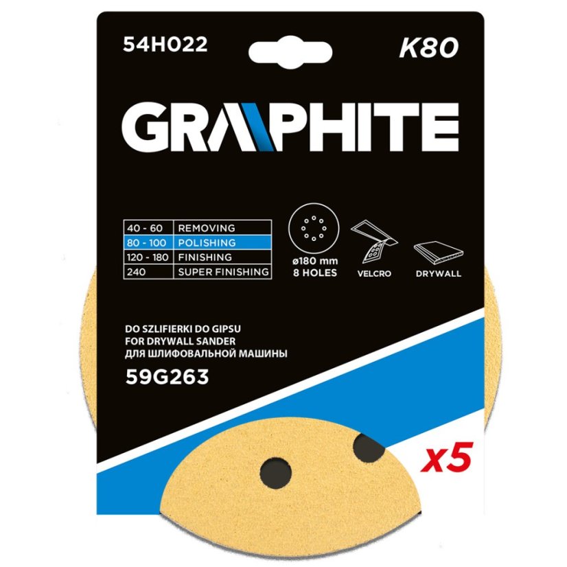 Brusni papir s čičkom 180 mm, K80, 5 kom, s 8 rupa za brusilicu 59G263 54H022