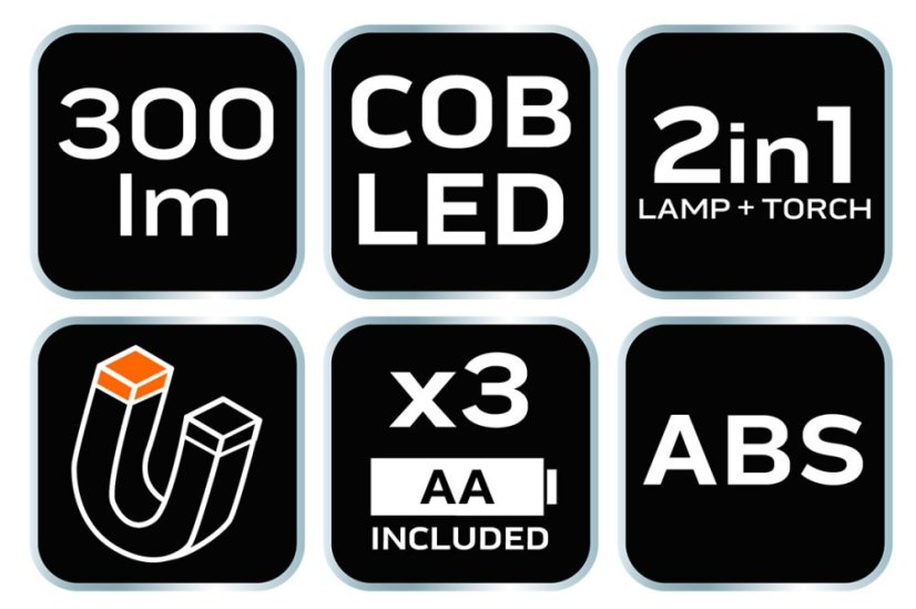 Akku-Werkstattlampe 300 lm COB 2 in 1 + 3xAA Batterien 99-042