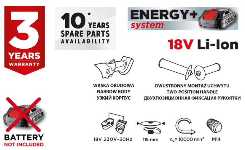 Aku kutna brusilica Energy+ 18 V, Li-Ion, disk 115 x 22,2 mm, bez baterije 58G003