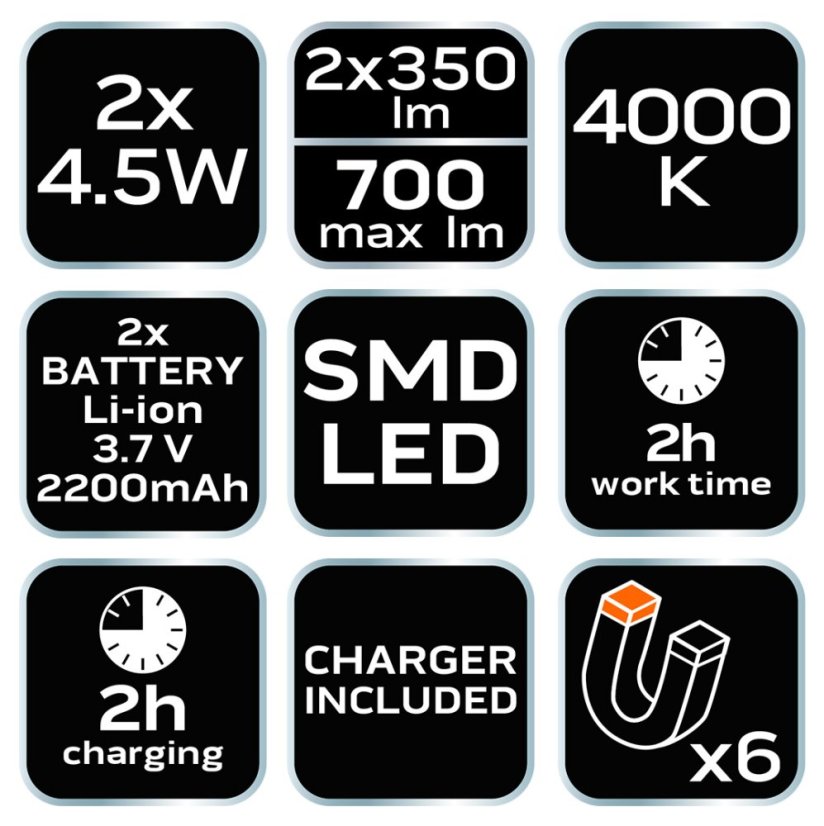 Akkumulátoros műhelylámpa 2x350 lm SMD 99-047