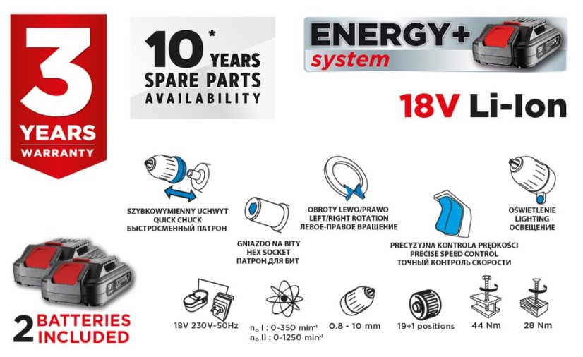 Aku bušilica/alat ​​Energy+ 18V, Li-Ion, uklonjiva stezna glava 10mm, 2 baterije 2Ah, punjenje, kofer 58G022-SET2